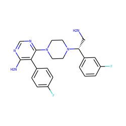 NC[C@H](c1cccc(F)c1)N1CCN(c2ncnc(N)c2-c2ccc(F)cc2)CC1 ZINC000206938111