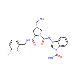 NC[C@H]1C[C@@H](C(=O)NCc2cccc(Cl)c2F)N(C(=O)Nc2cn(C(N)=O)c3ccccc23)C1 ZINC000148401066