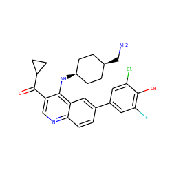 NC[C@H]1CC[C@@H](Nc2c(C(=O)C3CC3)cnc3ccc(-c4cc(F)c(O)c(Cl)c4)cc23)CC1 ZINC000473215476
