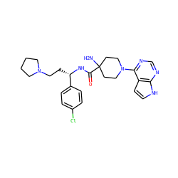 NC1(C(=O)N[C@@H](CCN2CCCC2)c2ccc(Cl)cc2)CCN(c2ncnc3[nH]ccc23)CC1 ZINC000095581525