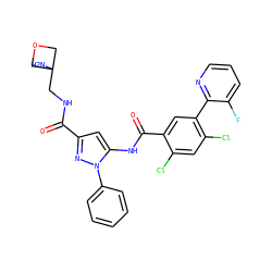 NC1(CNC(=O)c2cc(NC(=O)c3cc(-c4ncccc4F)c(Cl)cc3Cl)n(-c3ccccc3)n2)COC1 ZINC001772639074