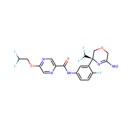 NC1=N[C@@](c2cc(NC(=O)c3cnc(OCC(F)F)cn3)ccc2F)(C(F)F)COC1 ZINC000113660041