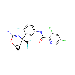 NC1=N[C@@](c2cc(NC(=O)c3ncc(Cl)cc3Cl)ccc2F)(C(F)F)[C@H]2C[C@H]2O1 ZINC000213909767