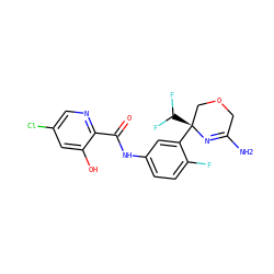 NC1=N[C@@](c2cc(NC(=O)c3ncc(Cl)cc3O)ccc2F)(C(F)F)COC1 ZINC000113657488