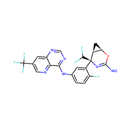 NC1=N[C@@](c2cc(Nc3ncnc4cc(C(F)(F)F)cnc34)ccc2F)(C(F)F)[C@H]2C[C@H]2O1 ZINC000220654817