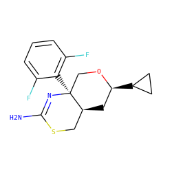 NC1=N[C@@]2(c3c(F)cccc3F)CO[C@@H](C3CC3)C[C@H]2CS1 ZINC000209357619