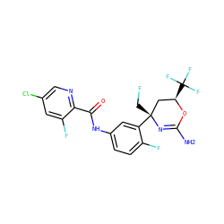 NC1=N[C@](CF)(c2cc(NC(=O)c3ncc(Cl)cc3F)ccc2F)C[C@@H](C(F)(F)F)O1 ZINC000223538628