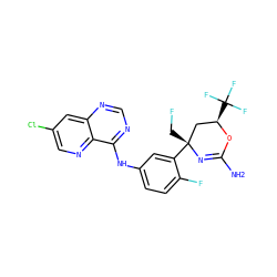 NC1=N[C@](CF)(c2cc(Nc3ncnc4cc(Cl)cnc34)ccc2F)C[C@@H](C(F)(F)F)O1 ZINC000223536386