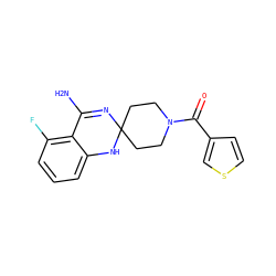 NC1=NC2(CCN(C(=O)c3ccsc3)CC2)Nc2cccc(F)c21 ZINC000013493551