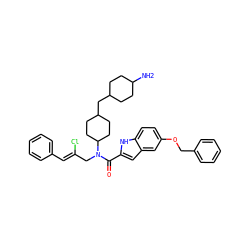 NC1CCC(CC2CCC(N(C/C(Cl)=C/c3ccccc3)C(=O)c3cc4cc(OCc5ccccc5)ccc4[nH]3)CC2)CC1 ZINC000028826858