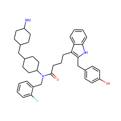 NC1CCC(CC2CCC(N(Cc3ccccc3F)C(=O)CCCc3c(Cc4ccc(O)cc4)[nH]c4ccccc34)CC2)CC1 ZINC000028825984