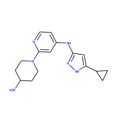 NC1CCN(c2cc(Nc3cc(C4CC4)[nH]n3)ccn2)CC1 ZINC000473171684