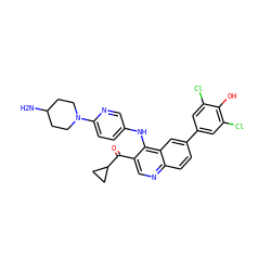 NC1CCN(c2ccc(Nc3c(C(=O)C4CC4)cnc4ccc(-c5cc(Cl)c(O)c(Cl)c5)cc34)cn2)CC1 ZINC000114035322