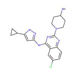 NC1CCN(c2nc(Nc3cc(C4CC4)[nH]n3)c3cc(Cl)ccc3n2)CC1 ZINC001772620577