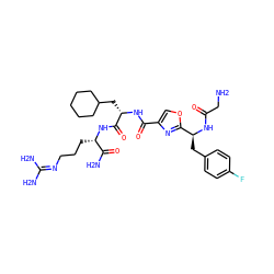 NCC(=O)N[C@@H](Cc1ccc(F)cc1)c1nc(C(=O)N[C@@H](CC2CCCCC2)C(=O)N[C@@H](CCCN=C(N)N)C(N)=O)co1 ZINC000029400647