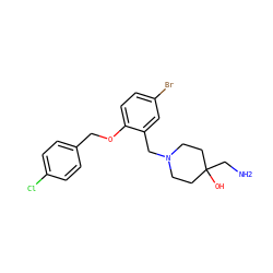 NCC1(O)CCN(Cc2cc(Br)ccc2OCc2ccc(Cl)cc2)CC1 ZINC000028822123