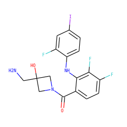 NCC1(O)CN(C(=O)c2ccc(F)c(F)c2Nc2ccc(I)cc2F)C1 ZINC000060325246