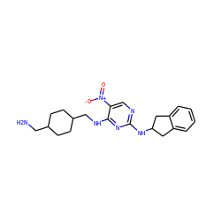 NCC1CCC(CNc2nc(NC3Cc4ccccc4C3)ncc2[N+](=O)[O-])CC1 ZINC000028898768