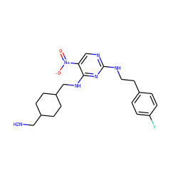 NCC1CCC(CNc2nc(NCCc3ccc(F)cc3)ncc2[N+](=O)[O-])CC1 ZINC000028898804