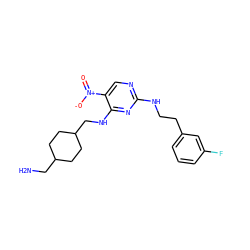 NCC1CCC(CNc2nc(NCCc3cccc(F)c3)ncc2[N+](=O)[O-])CC1 ZINC000028898799