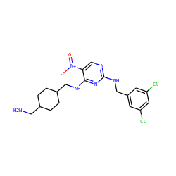 NCC1CCC(CNc2nc(NCc3cc(Cl)cc(Cl)c3)ncc2[N+](=O)[O-])CC1 ZINC000028898593