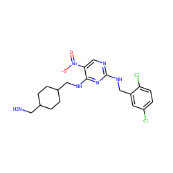 NCC1CCC(CNc2nc(NCc3cc(Cl)ccc3Cl)ncc2[N+](=O)[O-])CC1 ZINC000028898550