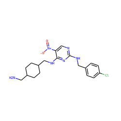 NCC1CCC(CNc2nc(NCc3ccc(Cl)cc3)ncc2[N+](=O)[O-])CC1 ZINC000028898367