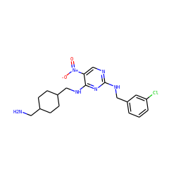 NCC1CCC(CNc2nc(NCc3cccc(Cl)c3)ncc2[N+](=O)[O-])CC1 ZINC000028898361