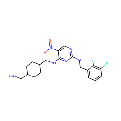NCC1CCC(CNc2nc(NCc3cccc(F)c3F)ncc2[N+](=O)[O-])CC1 ZINC000028898491