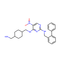 NCC1CCC(CNc2nc(NCc3ccccc3-c3ccccc3)ncc2[N+](=O)[O-])CC1 ZINC000028898473
