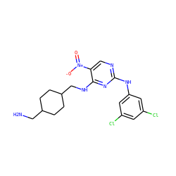 NCC1CCC(CNc2nc(Nc3cc(Cl)cc(Cl)c3)ncc2[N+](=O)[O-])CC1 ZINC000028898319