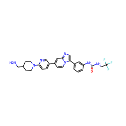 NCC1CCN(c2ccc(-c3ccn4c(-c5cccc(NC(=O)NCC(F)(F)F)c5)cnc4c3)cn2)CC1 ZINC000150336613