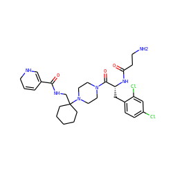 NCCC(=O)N[C@H](Cc1ccc(Cl)cc1Cl)C(=O)N1CCN(C2(CNC(=O)C3=CNCC=C3)CCCCC2)CC1 ZINC000028457864