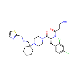 NCCC(=O)N[C@H](Cc1ccc(Cl)cc1Cl)C(=O)N1CCN(C2(CNCc3nccs3)CCCCC2)CC1 ZINC000095607647