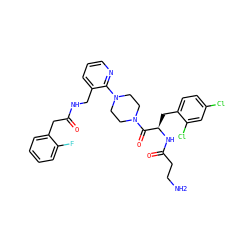 NCCC(=O)N[C@H](Cc1ccc(Cl)cc1Cl)C(=O)N1CCN(c2ncccc2CNC(=O)Cc2ccccc2F)CC1 ZINC000036285086