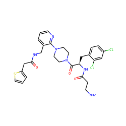 NCCC(=O)N[C@H](Cc1ccc(Cl)cc1Cl)C(=O)N1CCN(c2ncccc2CNC(=O)Cc2cccs2)CC1 ZINC000036284870