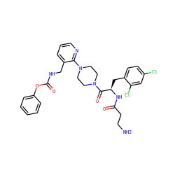 NCCC(=O)N[C@H](Cc1ccc(Cl)cc1Cl)C(=O)N1CCN(c2ncccc2CNC(=O)Oc2ccccc2)CC1 ZINC000036285143