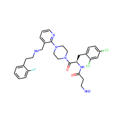 NCCC(=O)N[C@H](Cc1ccc(Cl)cc1Cl)C(=O)N1CCN(c2ncccc2CNCCc2ccccc2F)CC1 ZINC000036284883