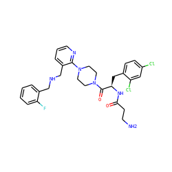 NCCC(=O)N[C@H](Cc1ccc(Cl)cc1Cl)C(=O)N1CCN(c2ncccc2CNCc2ccccc2F)CC1 ZINC000036284752