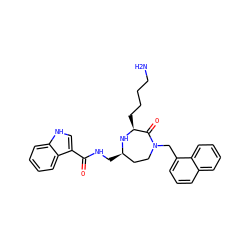 NCCCC[C@@H]1N[C@H](CNC(=O)c2c[nH]c3ccccc23)CCN(Cc2cccc3ccccc23)C1=O ZINC001772635985