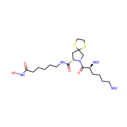 NCCCC[C@H](N)C(=O)N1CC2(C[C@H]1C(=O)NCCCCCC(=O)NO)SCCS2 ZINC000072106222