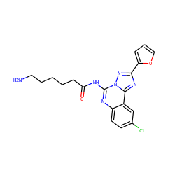 NCCCCCC(=O)Nc1nc2ccc(Cl)cc2c2nc(-c3ccco3)nn12 ZINC000013672447