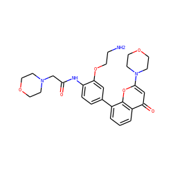 NCCOc1cc(-c2cccc3c(=O)cc(N4CCOCC4)oc23)ccc1NC(=O)CN1CCOCC1 ZINC000101394138
