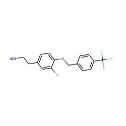 NCCc1ccc(OCc2ccc(C(F)(F)F)cc2)c(I)c1 ZINC000013681058