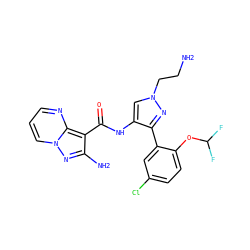 NCCn1cc(NC(=O)c2c(N)nn3cccnc23)c(-c2cc(Cl)ccc2OC(F)F)n1 ZINC001772585745