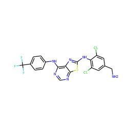 NCc1cc(Cl)c(Nc2nc3c(Nc4ccc(C(F)(F)F)cc4)ncnc3s2)c(Cl)c1 ZINC000040395112