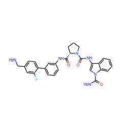 NCc1ccc(-c2cccc(NC(=O)[C@@H]3CCCN3C(=O)Nc3cn(C(N)=O)c4ccccc34)c2)c(F)c1 ZINC000148380531