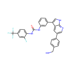 NCc1ccc(-c2cnc3[nH]cc(-c4cccc(NC(=O)Nc5ccc(C(F)(F)F)cc5F)c4)c3c2)cc1 ZINC000043063728