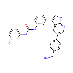 NCc1ccc(-c2cnc3[nH]cc(-c4cccc(NC(=O)Nc5cccc(Cl)c5)c4)c3c2)cc1 ZINC000043070644