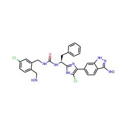 NCc1ccc(Cl)cc1CNC(=O)N[C@@H](Cc1ccccc1)c1nc(-c2ccc3c(N)n[nH]c3c2)c(Cl)[nH]1 ZINC000115466654